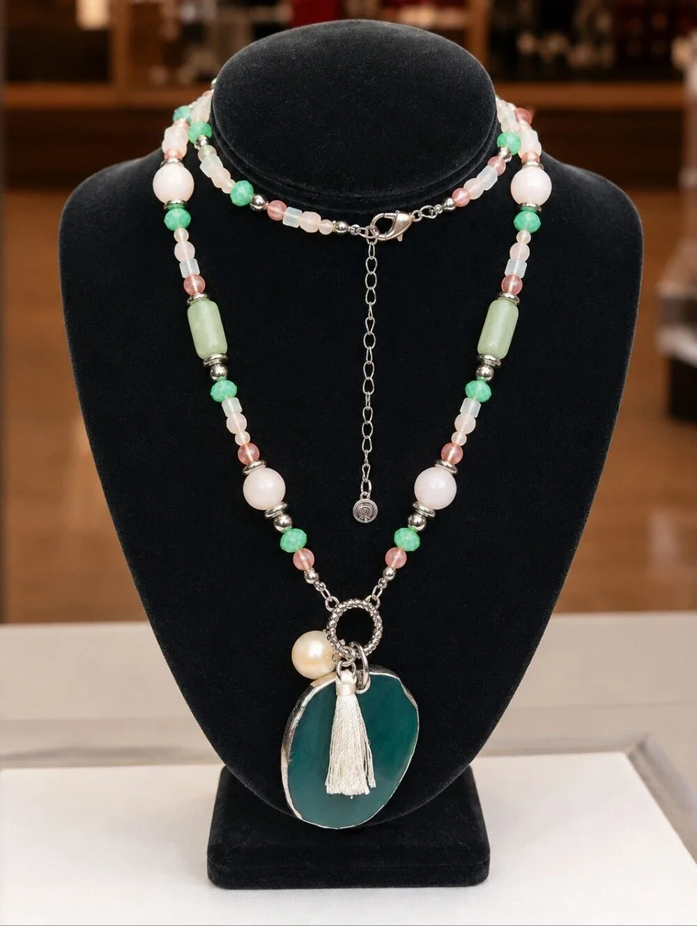 Boho Beaded Tassel Necklace Green Agate Slice Pendant Pearl Charm Adjustable